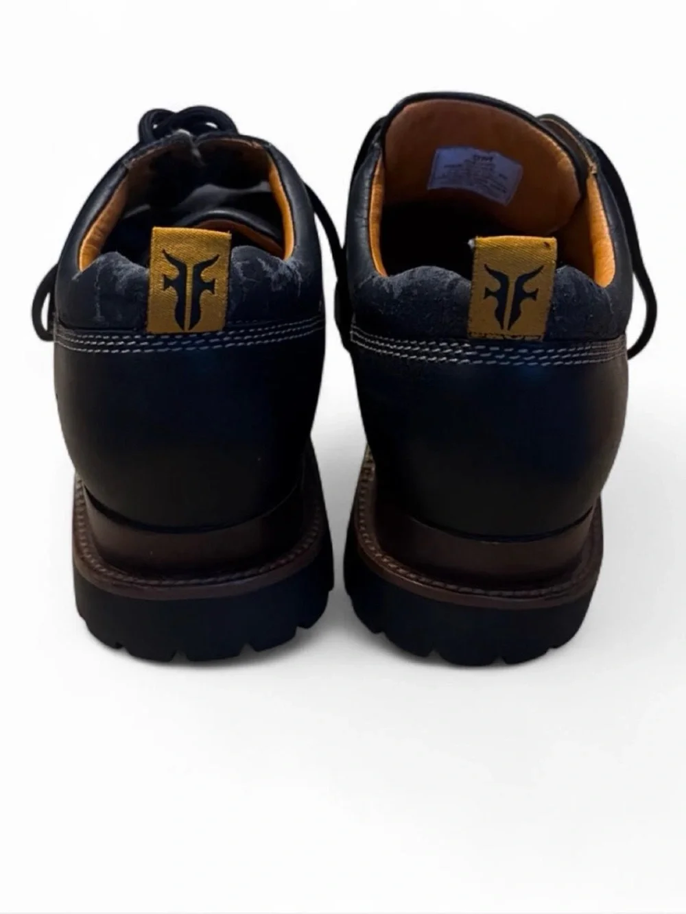 Frye Black Leather Chukka Boots with Brown Welt and Yellow Pull Tabs mens 9